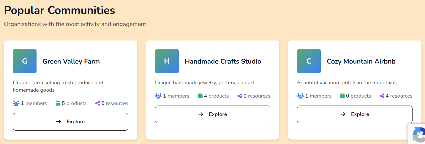 Organizations directory with search and organization cards